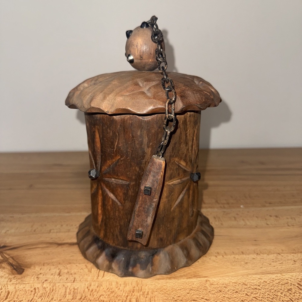Vintage Wooden Studded Spice / Tobacco Jar & Lid Made in Spain Medieval Style